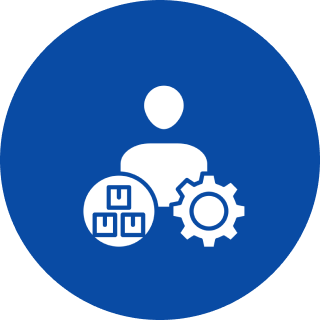 Person icon with boxes and gear symbol.