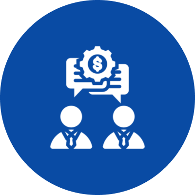 Two figures discussing financial strategy icon.