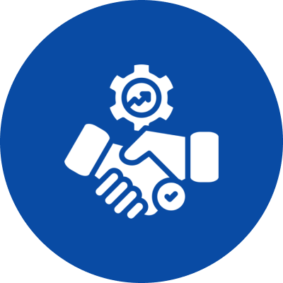 Handshake icon with gear and heart symbol.