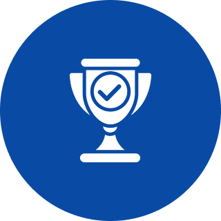 Trophy with checkmark icon on blue background.